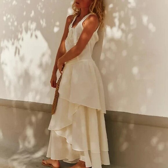 Free People In My Dreams Midi Smocked Asymmetrical Tie Tiered Dress S - Picture 2 of 7